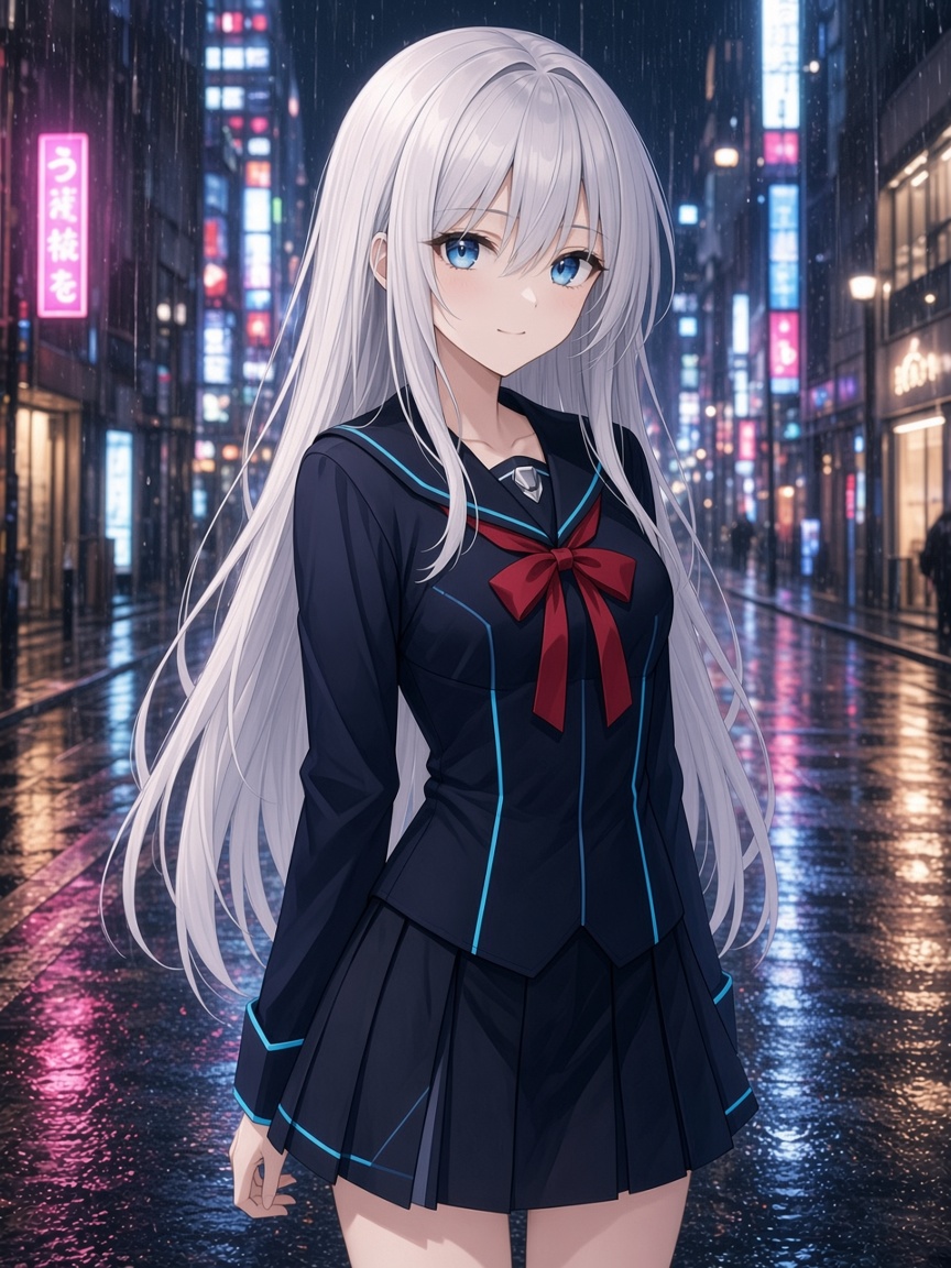 The same anime girl standing on a rainy Tokyo night street