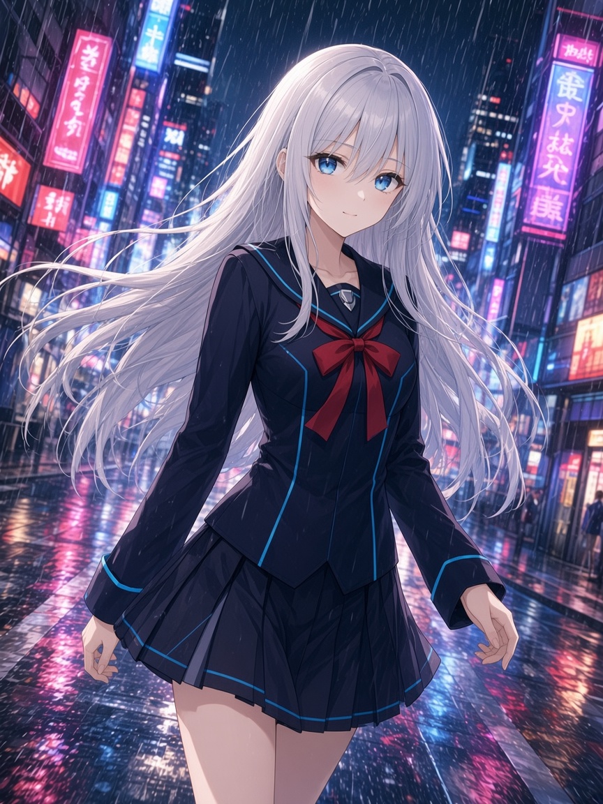 The same anime girl walking through neon Tokyo in the rain